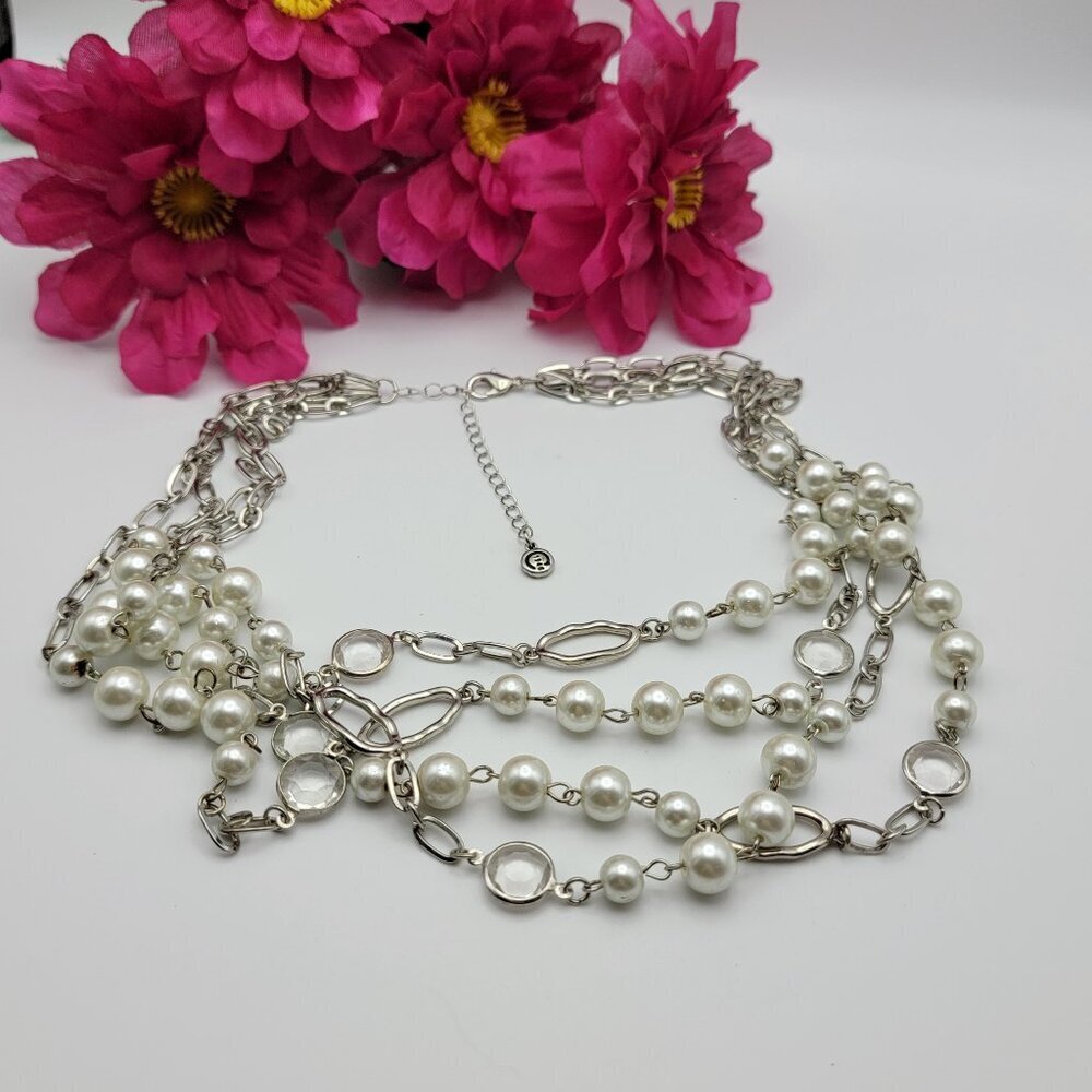 C1946 Silver Tone White Faux Pearl Bead Necklace Multi Strand Layered 22" Adj.